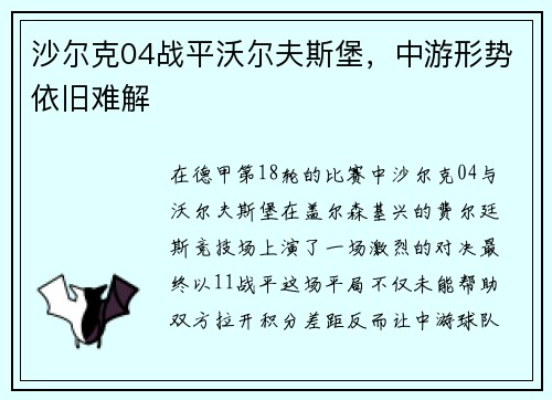 沙尔克04战平沃尔夫斯堡，中游形势依旧难解