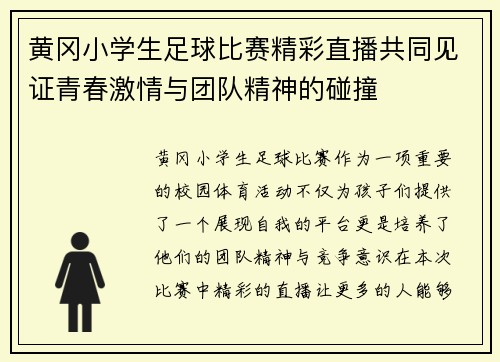 黄冈小学生足球比赛精彩直播共同见证青春激情与团队精神的碰撞