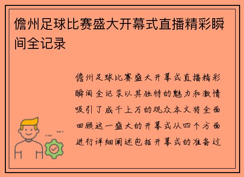 儋州足球比赛盛大开幕式直播精彩瞬间全记录
